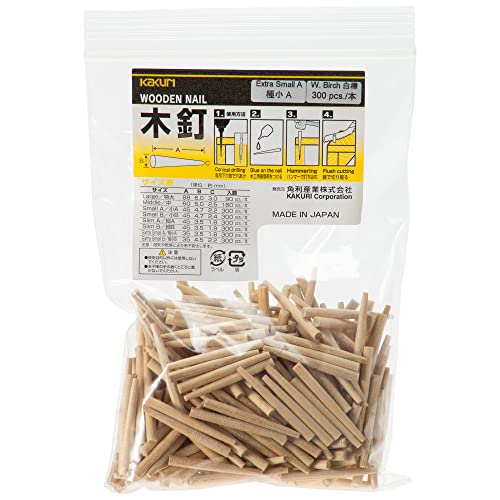 KAKURI Wooden Nails for Woodworking 9/64 inch (3.5mm), Tapered Wooden Dowel Rods for Crafts and Small Furniture, Natural Japanese White Birch Wood, Bulk 300 Pcs, Made in Japan - size: 3.5mm Wooden Nail