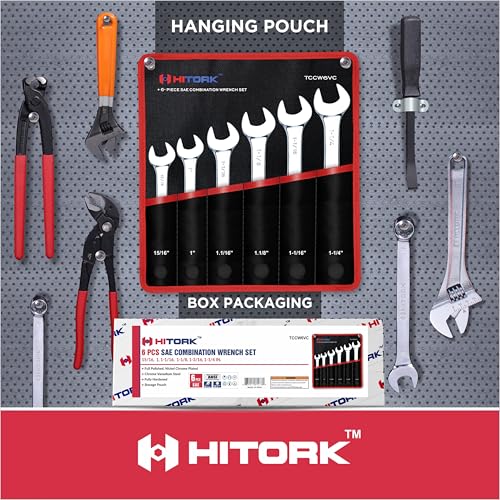 Hitork 6-Piece Large SAE Wrench Set, 12-Point Box End, Drop Forged Chrome-Plated Cr-V Steel, 15° Offset, Polished, Roll Pouch Included – Sizes 15/16” to 1-1/4”