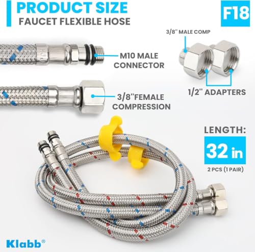 Klabb Sink Faucet Water Line Kit, 32" Flexible Braided Connector Hose