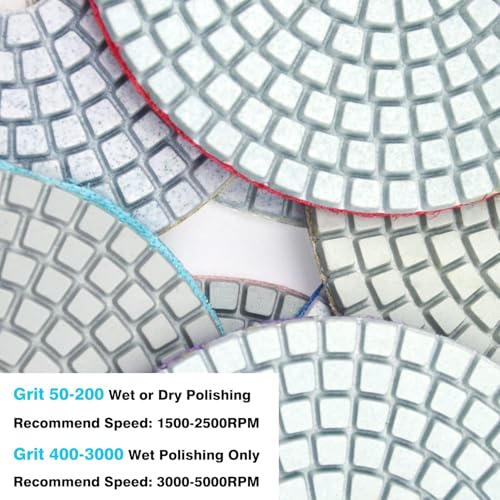 5 Inch Diamond Polishing Pads with 5/8’’-11 Hook & Loop Backing Pads, 10pcs Wet/Dry Concrete Polish Tools Kit for Drill, Grinder, Polisher, 50-3000 Grit Polishing Set for Marble Granite Quartz Stone - size: 5 Inch 50-3000 Grit