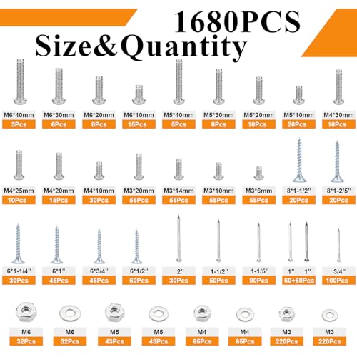 1680 PCS High Hardness Screw Bolts and Nuts & Nails & Wood Screws Assortment Kit,M3/M4/M5/M6 Machine Screws,Small Nails,#6#8 Drywall Screw Set for Picture Hanging and DIY (Length 1/2 to 2")