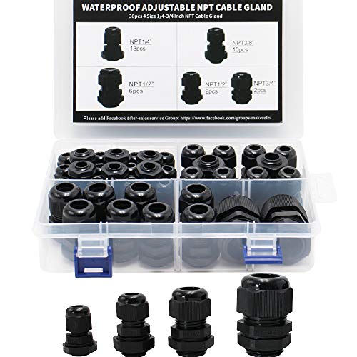 MAKERELE 38pcs NPT Cable Glands Kit Waterproof Strain Relief Connector - color: Black, size: 38pcs KIT BOX