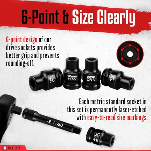 WETT 1/2" Drive Impact Socket Set, 40Pcs Metric Socket Wrench Set (8-32mm), Heavy Duty Standard Sockets Assortment, Deep/Shallow, 1/2-Inch Ratchet Handle, 5", 10" Extension Bar, Universal Joint - size: 1/2" Drive Metric Socket Set (40pcs)