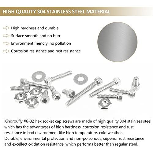 252 Pieces #6-32 x 3/16", 1/4", 5/16", 3/8", 1/2", 5/8", 3/4", 1", Hex Socket Head Cap Screws Nuts Washers Assortment Kit, 304 Stainless Steel, Fully Machine Thread - size: #6-32, style: Socket Head