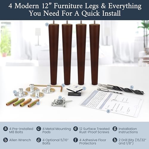 Airy Abode Premium Walnut Wood Furniture Legs (Full Install Kit) - Pick Your Size and Color - color: Brown, size: 12 Inches
