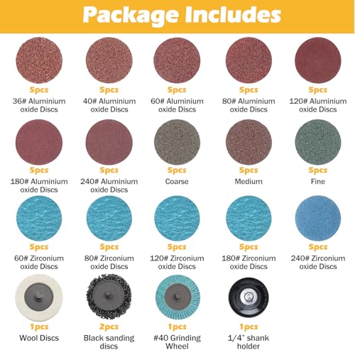 VIGRUE 80PCS 2 Inch Sanding Discs Set, Die Grinder Pad for Drill Die Grinder Accessories with 1/4" Shank Holder for Grind Polish Burr Finish Rust Paint Removal, Quick Change Discs