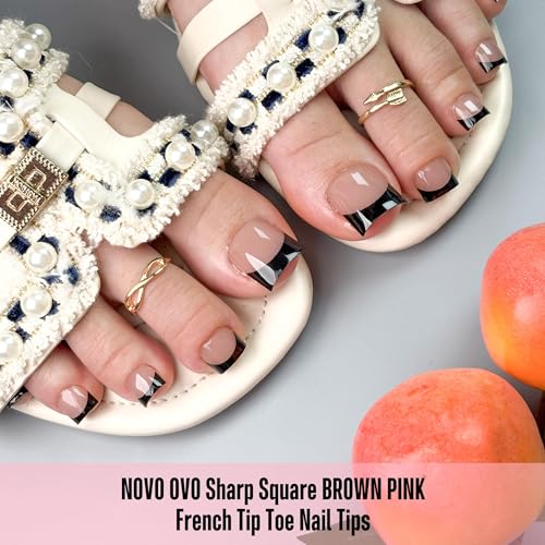 NOVO OVO Halloween Black French Tip Toe Nail Tips Press on,BROWN PINK Sharp Square Pre-Designed Soft Gel False Toenail Extension, Medium Wide Fake Toenails, Full Cover Acrylic for DIY 15 Sizes 240 pc - color: Sharp Square Black French Tip Brown Pink