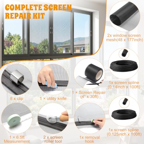 18 Pcs 48"x177" Window Screen Repair Kit Included 2 Rolls Fiberglass Mesh 4"x30ft Screen Repair Tape 8 Clips with Spline, Double Wheel Roller, Hook, Measuring Tape, and Cutter for Door Window - size: 48"x177"