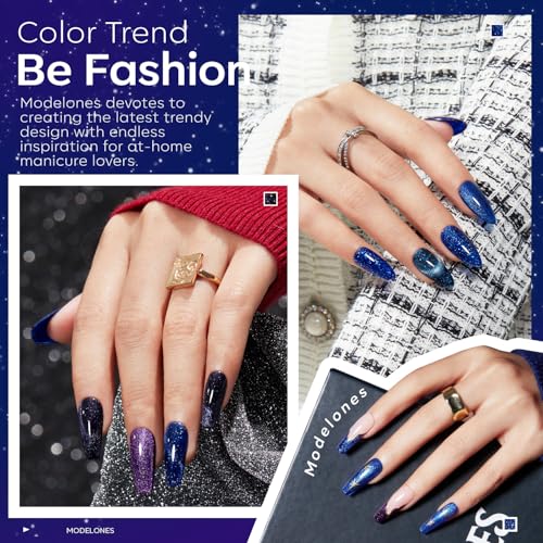modelones Blue Cat Eye Gel Nail Polish Set, 6 Colors Glitter Magnet - color: A1-Midnight Hues
