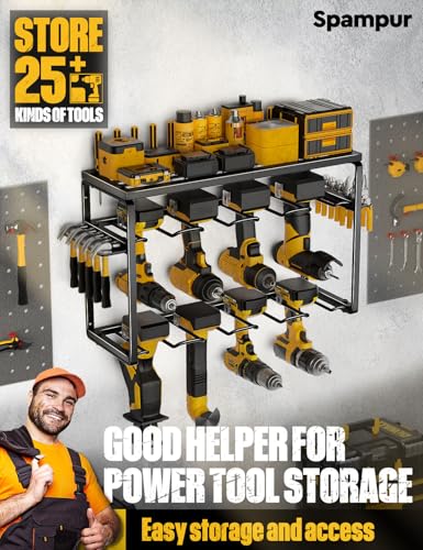 Spampur Power Tool Organizer, 8 Drill Holders Wall Mount, 3 Layer Heavy Duty Metal Storage for Garage Organization, Tools Storage with Hooks, Screwdriver Hammer Holder, Father's Day Mens Birthday Gift | Garage Organization, Tools Storage with Hooks, Screw