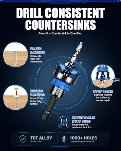 9PCS Countersink Drill Bit Set with Adjustable Depth Stopper - color: Blue, size: Standard - Manual Adjustment
