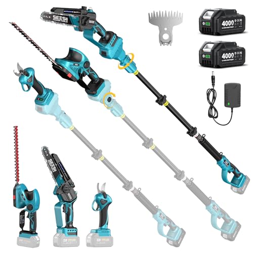 SEESII 8-in-1 Cordless Pole Chainsaw, Hedge Trimmer, Pruning Shears Combo - color: Cobalt Blue