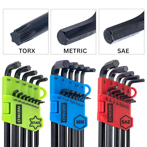 NEIKO 01104A Master Allen Wrench Set, 39 Pc Ball End Hex Key Set, Metric, Standard & Torx, SAE & MM Long Allen Keys 1.27mm to 10mm & 0.05” to 3/8 Inch and T5 to T50, Black Oxide Chrome Vanadium - size: Metric+SAE+Torx - 39pc
