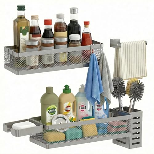 PUSDON 5-in-1 Wide Wall Mount Wrapped Mesh Kitchen Organizer & Shower Caddy Kit, with Paper Towel Holder, Utensil Holder, Soap Dish, Heavy Duty 50LBS - Silver Gray, Netting - color: Silver Grey, size: 5-in-1 Full Mesh (12.6" Wide)