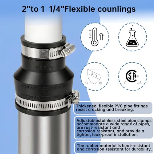 1 1/4" to 2" Flexible Pvc Pipe Coupling with Stainless Steel Clamp, Flexible Fitting for Connecting Cast Iron, Plastic and Copper Pipes, for Sewer and Drain Connections(Black) - size: 1 1/4" to 2"