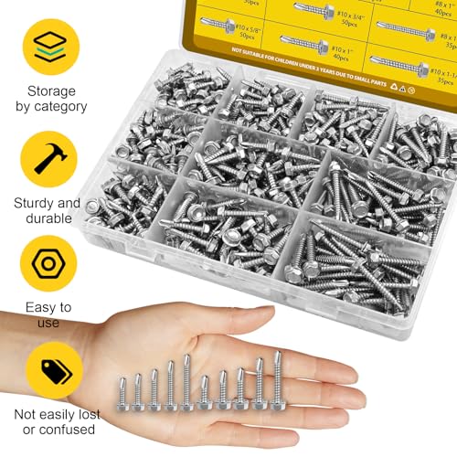 460Pcs #8#10 Hex Washer Head Self Tapping Sheet Metal Screws Kit - size: 460pcs #8#10 Silver