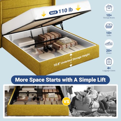 Allewie Queen Size Lift Up Hydraulic Storage Bed Frame Olive Yellow - color: Olive Yellow, size: Queen, style: Modern