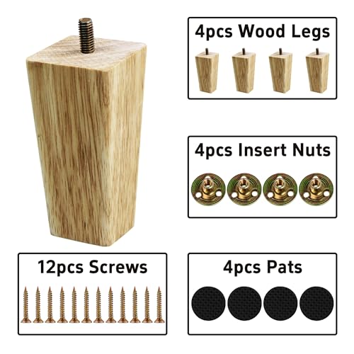 4PCS 4 Inch Solid Wood Furniture Legs, Square Wooden Sofa Couch Feet Leg Replacement for Desk Cabinet Bench Dresser Chair Bookcase Risers Parts, Log Stain - size: 4 Inch