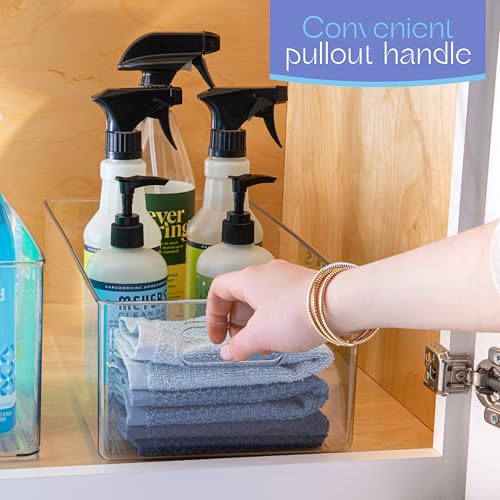 Plastic Food Storage 6 Pack Clear Container Bin with Handles for Organizing Kitchen, Pantry, Refrigerator, Freezer, Pantry, Cabinet, Closet, Bathroom. 16”x8”x5” - size: 16x8x5