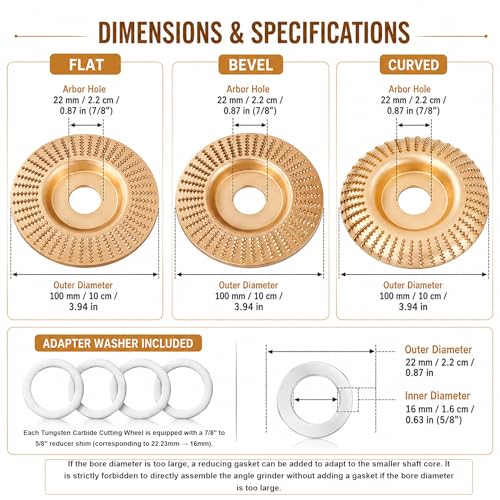Tungsten Carbide Cutting Wheel, 3PCS Wood Carving Disc Set for Angle Grinder, Grinding Shaping Disc and Polishing Wheel, Suitable for 4" or 4 1/2" Angle Grinders (Inner Diameter 7/8-inch(22mm)) - size: Inner Diameter 7/8-inch(22mm)