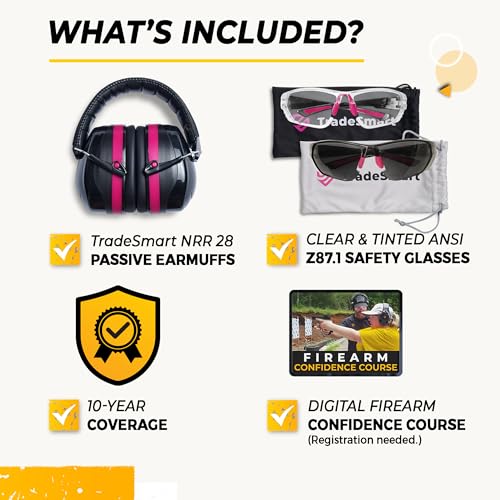 TradeSmart Shooting Ear Protection for Gun Range, NRR 28 Earmuffs & Eyewear - color: Clear+tint - Pink