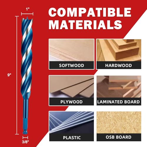 1" x 9" Wood Auger Drill Bit – 3-Flute Long Auger Drill Bit for Wood, High Carbon Steel Hex Shank with Protective Storage Tube - size: 1" x 9"