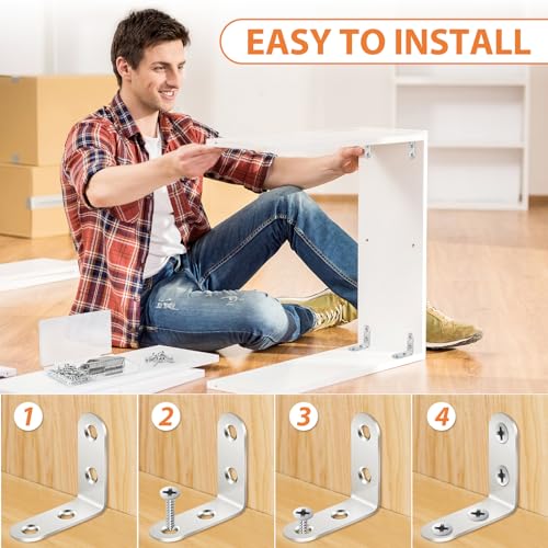 MAPVOLUT 32 PCS L Bracket, Heavy Duty L Brackets for Wood Shelves, with 100* Screws, 90 Degree Stainless Steel Corner Angle Bracket Metal Shelf Brackets Corner Cabinet, 16*(1.6x1.6in), 16*(0.8x0.8in) - size: 2 SIZE Silver