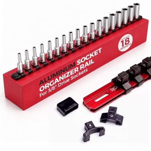 Olsa Tools 3/8-Inch Socket Organizer Rail with Locking Caps, Red - color: Red, size: 3/8-Inch Drive