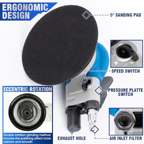5" Air Sander Kit - Garage-Ready Dual Action Tool, Car Detailing & Woodworking Hero | Palm-Sized Power w/Free Tool Kits - color: Black, size: 5 inch