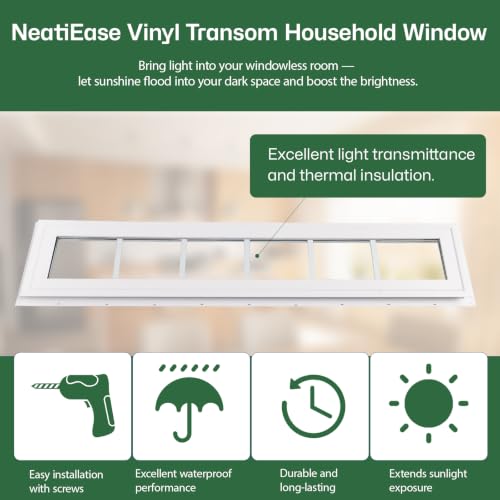 NeatiEase Vinyl Transom Window, 12" x 36" Fixed Glass Household Windows with Grids and Dual-pane Tempered Glass for House, Shed, Doors, Garage, Chicken Coop, Basement (White) - size: 12"x36"