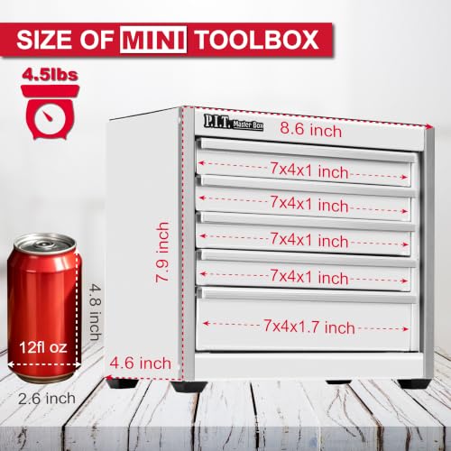 P.I.T. Mini Tool Box,Small Metal Toolbox Organizer with 5 Drawers,White | 8.6"W X 4.6"D Cute Size,Q235 Steel,Magnetic Locking Mechanism,PVC Drawer Liners - color: White, size: 5-Drawer