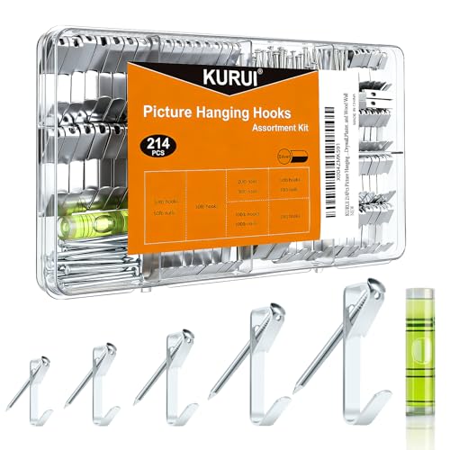 KURUI 214Pcs Picture Hanging Hooks, Renter Friendly Picture Hanging Kit with Heavy Duty Picture Hangers and Hardware Nails, for Frame, Painting, Art and Photo, on Drywall,Plaster, and Wood Wall - color: Silver