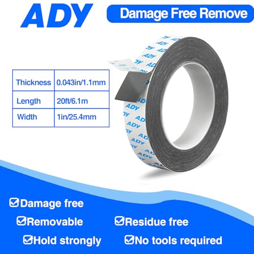 ADY Double Sided Tape Heavy Duty 1in x 20ft, Picture Hanging Strips with Adhesive Damage Free, Mounting Tape for Walls - color: Black