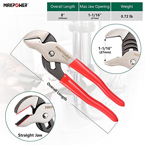 MAXPOWER Groove Joint Pliers Set, 8 inch and 12 inch Quick Adjustable Serrtated V Jaw Tongue and Groove Pliers - size: 8" 12"