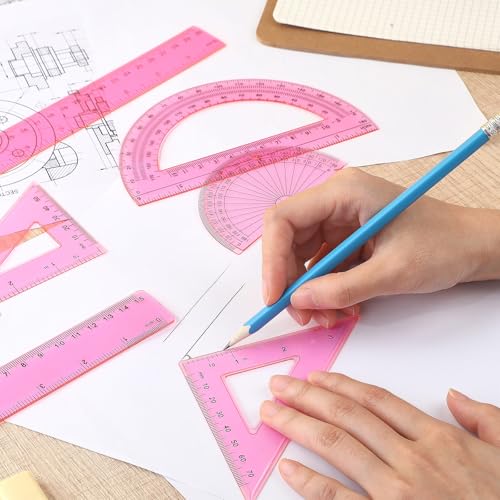 Tenare 6 Pcs Math Geometry Ruler Set, Protractor Triangle School,Pink - color: Pink