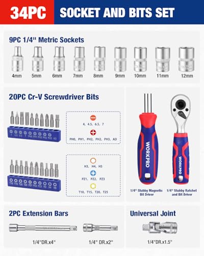 WORKPRO 34 PCS 1/4" Drive Mini Socket Ratchet Wrench Set, Socket & Bit Head - style: Dual-Head Ratchet Bit-Rich Set