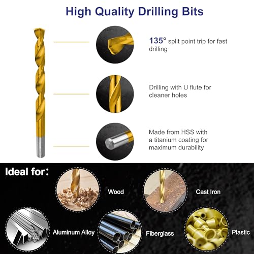230 Pieces Titanium Twist Drill Bit Set, 135° Tip High Speed Steel, Size from 3/64" up to 1/2", Ideal Drilling in Wood/Cast Iron/Aluminum Alloy/Plastic/Fiberglass, with Hard Storage - size: 230 Piece Twist Drill Bits Set 135°