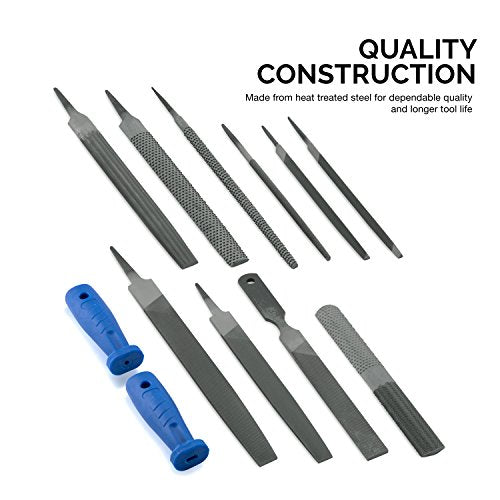Neiko 00109A Metal File and Rasp Set | 12 Piece, 10, 8, and 6 Inch Extra Slim Flat, Half, Mill, and Round Files Set | Non Slip PVC Handle, Wood File | Heat Treated Carbon Steel Two Way File