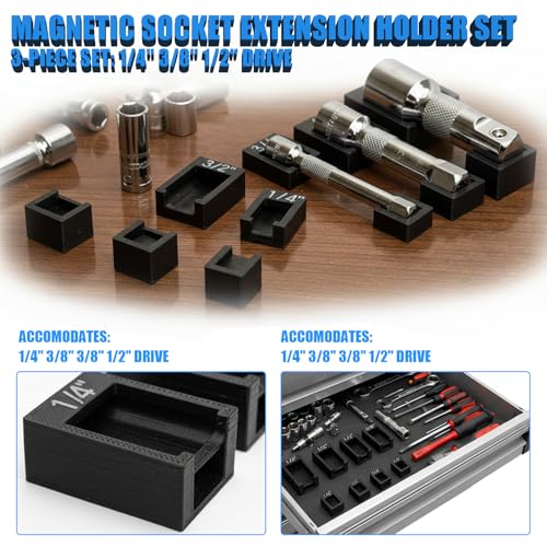 Magnetic Socket Extension Holder Set 3-Piece ratchet organizer for 1/2", 3/8", and 1/4" Drive Extensions, Professional Garage Drawer Storage with Strong Magnetic Base, Red (Black) - color: Black
