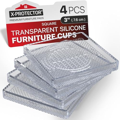 X-Protector Furniture Cups - 4 PCS 3" - Non Slip Furniture Pads (Square) - color: Transparent