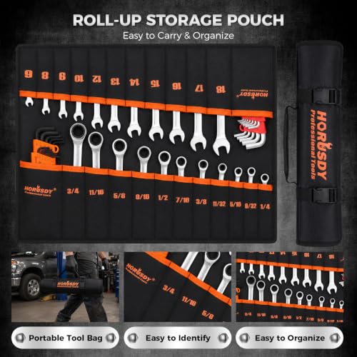 HORUSDY 48-Piece Ratcheting Wrench Set, Metric 6-18mm & SAE 1/4-3/4", Cr-V Steel 72 Teeth Ratchet Wrench with Roll Up Pouch and Hex Keys - style: 48pcs Metric&SAE Ratchet Wrench Set