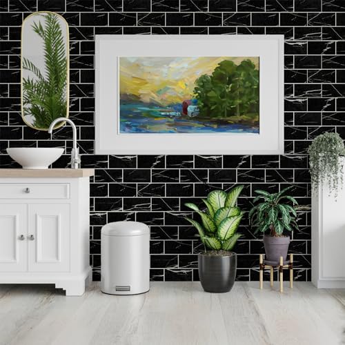 StyloVue 100 Pieces Peel and Stick Backsplash for Kitchen, 3" x 6" PVC Subway Tile Upgraded Nero Marquina with White Grout Backsplash Stick on Tile Elevate Kitchen, Bathroom, Fireplace,RV - color: Nero Marquina