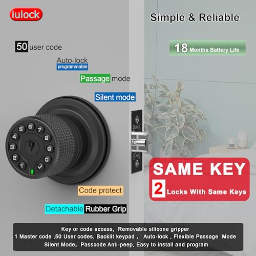 iulock Smart Door Knob with Keypad and Key,Keyless Entry Door Lock with Rubber Grip, Auto Lock,50 User Code,Waterproof, Easy to Install and Program for Bedroom (Matte Black Same Key 2 Pack) - color: Black