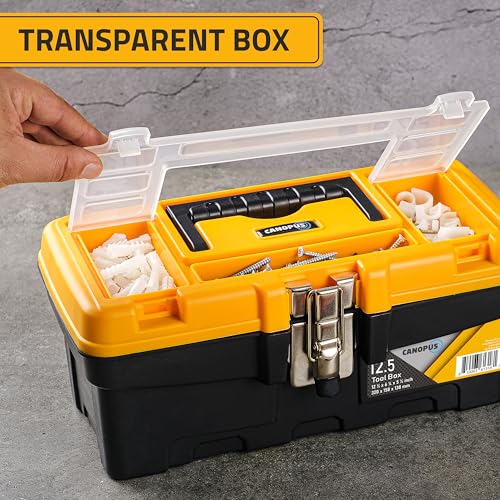 CANOPUS Plastic Toolbox, 12.5-inch Portable Tool Box with Metallic Clutch, Tool Organizer with Extra Storage Tray for Home Tools, Nails and Pins, Black-Yellow