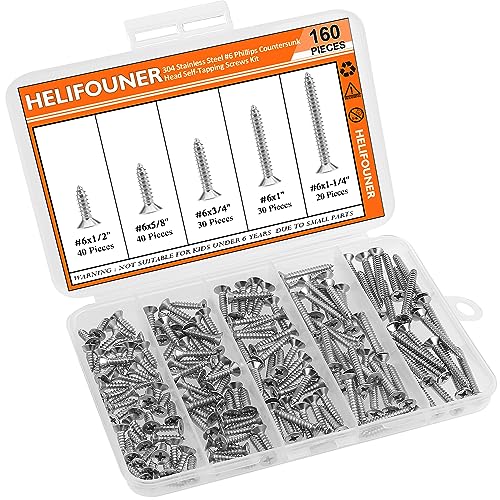#6 x 1/2" 5/8" 3/4" 1" 1-1/4" Wood Screws Set, HELIFOUNER 160 Pieces Phillips Countersunk Head Self-Tapping Screws Assortment Kit, Phillips Flat Head Wood Screws, 304 Stainless Steel - size: #6