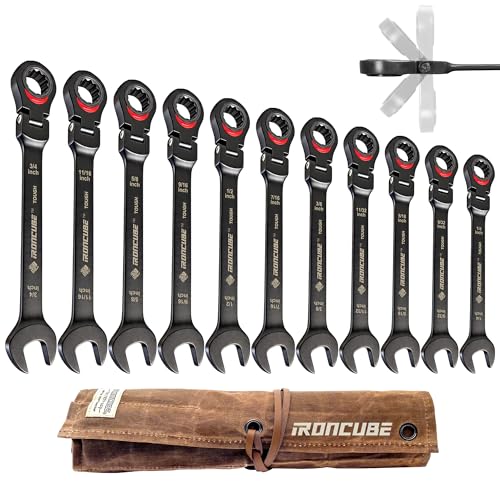 ironcube Black Ratcheting Combination Wrench Set: 11-Piece SAE 1/4–3/4 Inch – 180° Flex Head & 72-Tooth – CR-V Steel – Retro Waxed Canvas Roll for Motorcycle & Automotive Repair Tools - size: 11-Piece SAE Flex-Head