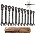 ironcube Black Ratcheting Combination Wrench Set: 11-Piece SAE 1/4–3/4 Inch – 180° Flex Head & 72-Tooth – CR-V Steel – Retro Waxed Canvas Roll for Motorcycle & Automotive Repair Tools - size: 11-Piece SAE Flex-Head