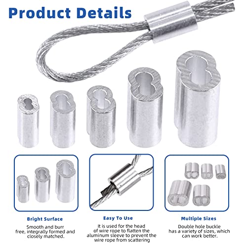 Glarks 121Pcs Stainless Steel Wire Rope Clip Clamp and Aluminum Crimping Loop Sleeve Assortment Kit, Single/Double Hole Wire Rope Lock Clip with End Screw Stopper, Cable Sleeve, Phillips Screwdriver