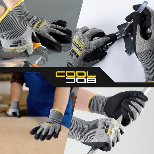 COOLJOB ANSI A5 Cut Resistant Gloves - 1/3/12 Pairs, Nitrile Rubber Dipped Safety Work Gloves for Men, Knife Proof with Grip Coating for Construction Warehouse Glass Wood Work, Grey Small - size: Small, style: A5 Pack of 3