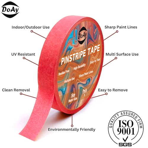 5 Rolls Pinstripe Tape - Masking Tape 1/16", 1/8", 1/4", 1/2", 3/4" - Thin Painters Masking Automotive Tape for DIY, Car, Auto, Paint, Art, Tumblers (Red) - color: Red